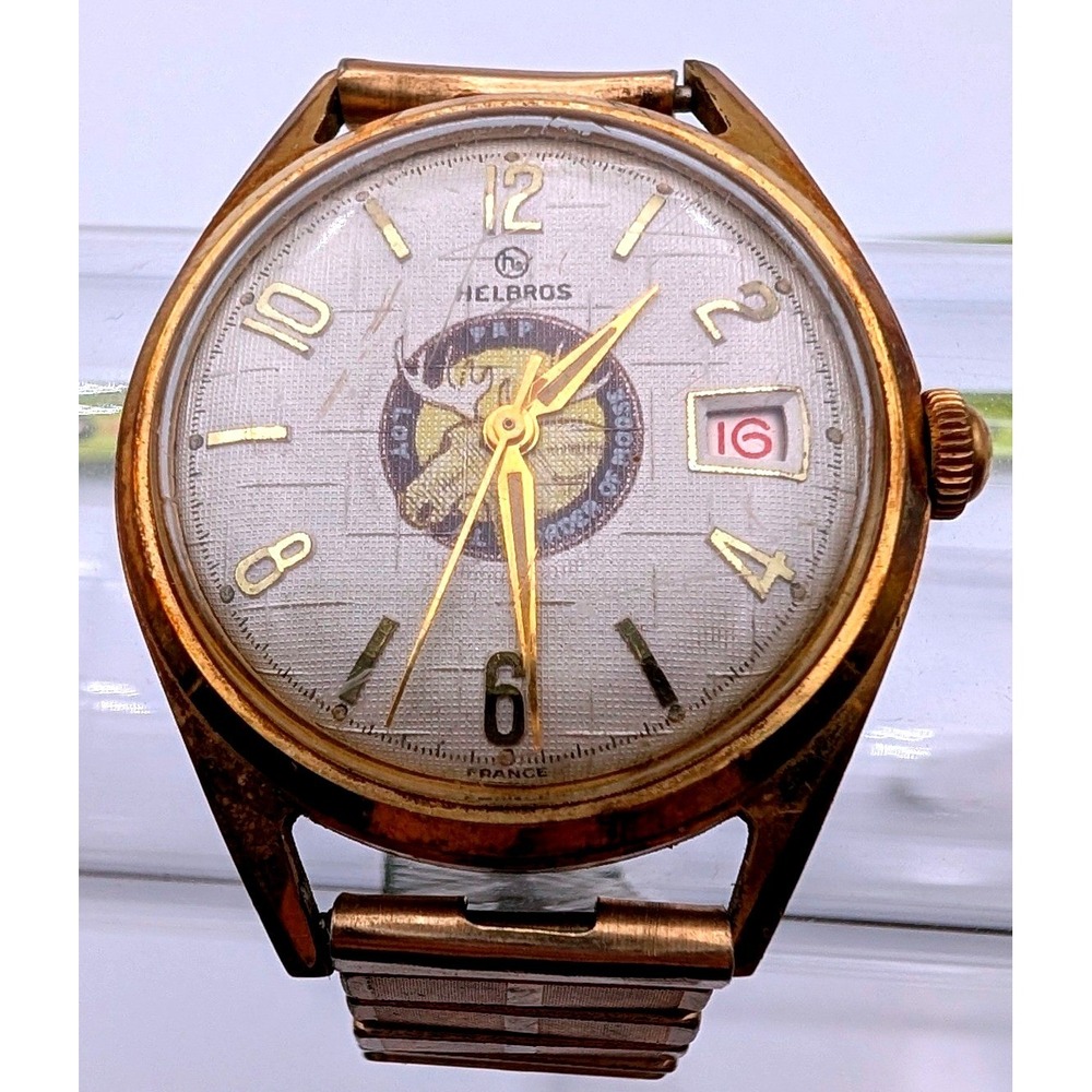 Vintage Helbros Watch Loyal Order of Moose Date Gold Tone Expansion Band France
